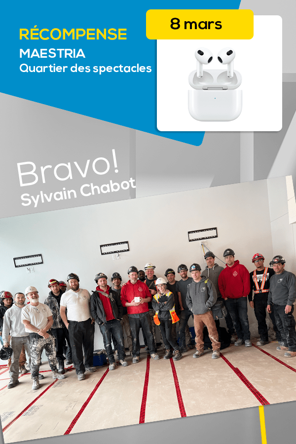 Sylvain Chabot, gagnant d’une paire de AirPods Apple cette semaine sur le chantier Maestria.
