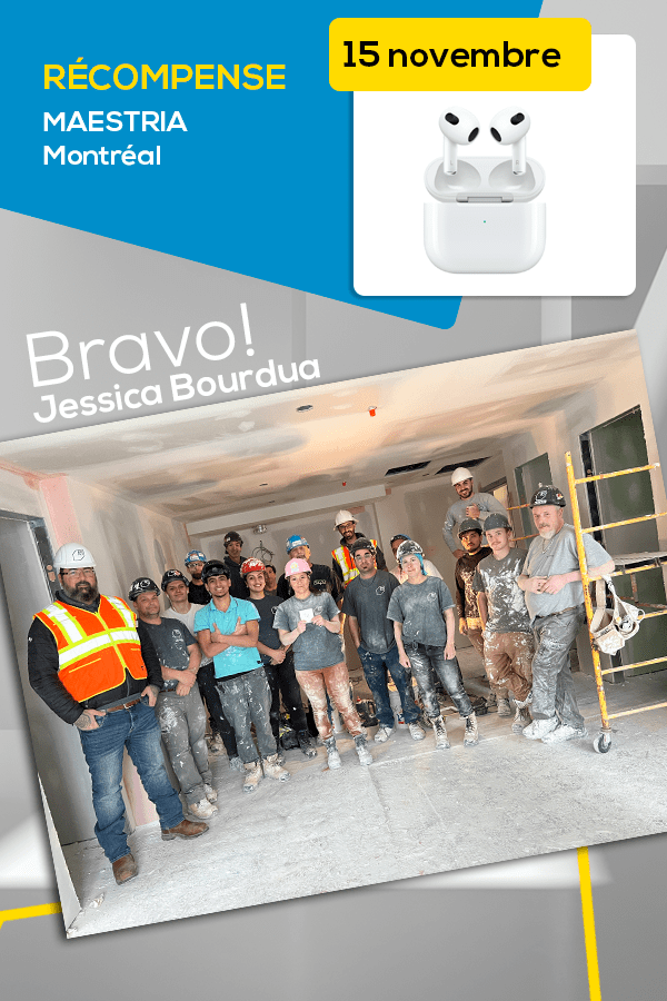 Jessica Bourdua, gagnante d’une paire d’écouteurs Airpods d’Apple sur le chantier Maestria.