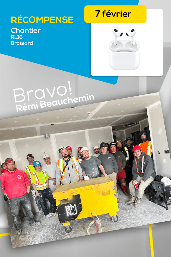 Rémi Beauchemin, gagnant d’une paire d’AirPods Apple sur le chantier RL16 de Brossard.